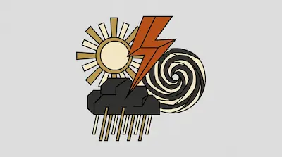 Flat illustration of weather symbols including a sun, a lightning bolt, a rain cloud, and a swirling wind vortex
