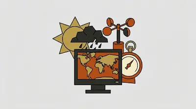 Flat illustration of a computer monitor showing a world map, a sun, a rain cloud, and an anemometer in earth tones