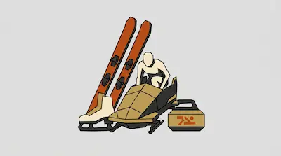A collection of winter sports equipment including skis, an ice skate, a snowmobile with a rider, and a curling stone.