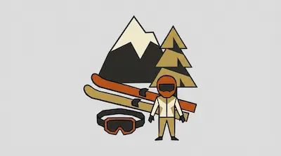 A mountain and pine tree stand behind a pair of skis, goggles, and a person wearing a ski suit and helmet.