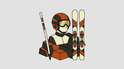 A stylized skier wearing a helmet and goggles, flanked by a ski pole and a pair of skis.