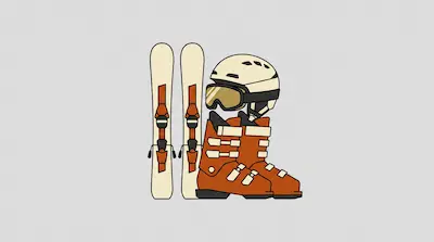 A pair of skis stand next to orange ski boots and a helmet with goggles.