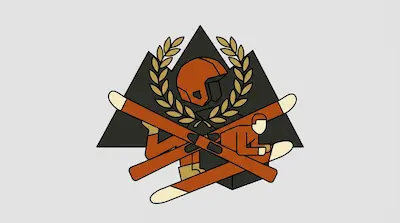 A graphic emblem featuring a mountain silhouette, a laurel wreath around a helmet, and crossed orange skis in front of a stylized figure.