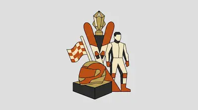 A geometric arrangement of a racing helmet, checkered flag, skis, and a driver figure in orange and cream.