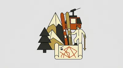 A stylized scene featuring mountains, a pine tree, skis, a gondola, a skier, and a trail map.