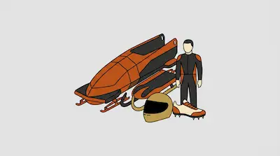 A bobsled, a skeleton sled, an athlete in a racing suit, a helmet, and a spiked shoe.