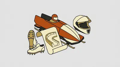 A bobsled, a helmet, spiked shoes, and a diagram of a track.