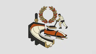 A bobsled and a curved track are positioned next to a person pushing a sled, with a laurel wreath in the background.