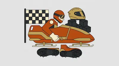 A bobsledder in an orange sled with a checkered flag, a helmet, and spiked shoes.