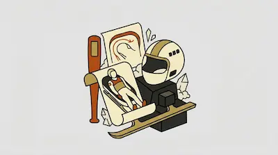 A stylized collection of winter sports items, including a helmet, a track diagram, a drawing of a luge athlete, and a ski.