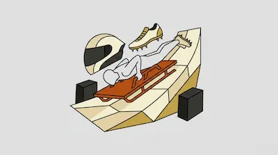 A skeleton athlete on a sled slides down a track, with a helmet and a spiked shoe floating above.