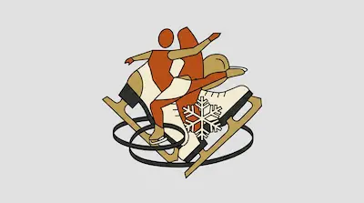 Two stylized figure skaters in orange and tan are integrated with a large ice skate and a snowflake.