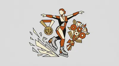 A geometric figure skater in a dynamic pose is surrounded by a gold medal and a bouquet of flowers.