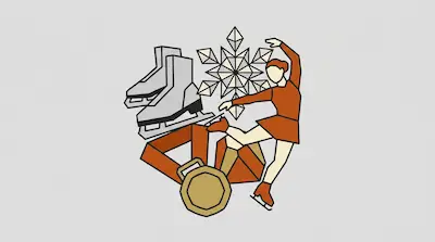A figure skater in a red dress, a pair of ice skates, a geometric snowflake, and a gold medal.