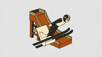 A stylized ski jumper in mid-air next to a wooden ramp and a scroll featuring a diagram.