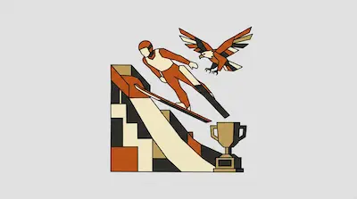 A geometric ski jumper in mid-air next to a flying eagle, with a ski jump ramp and a trophy.