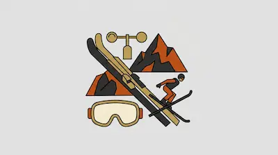 A minimalist graphic featuring crossed skis, a skier, goggles, mountain peaks, and an anemometer.
