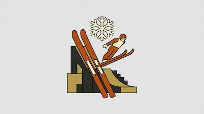 A minimalist graphic of a person ski jumping off a ramp with a large snowflake in the background.