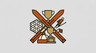 A graphic of crossed skis surrounded by a snowflake, two trophies, a winter hat, and a ski jumper icon.