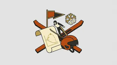 A graphic composition of winter sports icons including crossed skis, a ski jumper, a helmet, and a snowflake.