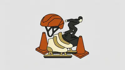 An orange helmet, two traffic cones, a pair of ice skates, and a small figure of a speed skater.