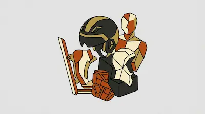 Geometric sports safety gear including a helmet, ski boot, and a crash test dummy torso.