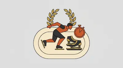 A speed skater in a racing pose on an oval track with a stopwatch, a pair of skates, and a laurel wreath.
