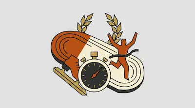 A stylized graphic of a running track, a runner crossing a finish line, a stopwatch, and a laurel wreath.