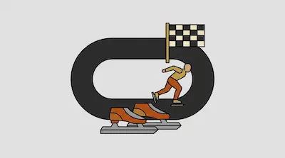 A speed skater races on an oval track with a checkered flag above and a pair of speed skates in the foreground.