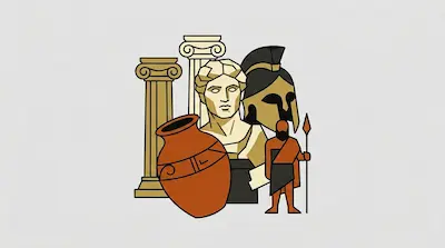 Flat illustration of Greek columns, a marble bust, a Spartan helmet, and a terracotta vase on a light gray background