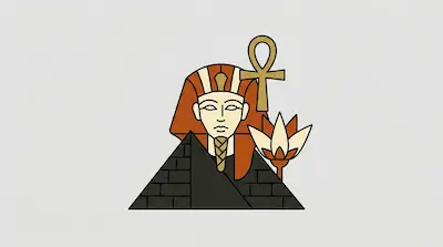 Flat illustration of an Egyptian pharaoh face with a pyramid, an ankh symbol, and a lotus flower on a gray background