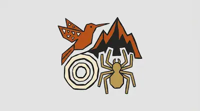 Flat illustration of a hummingbird, a spider, and jagged mountains in earth tones on a light gray background