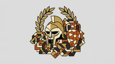 Flat illustration of a Spartan helmet, a laurel wreath, and a mosaic vase on a light gray background