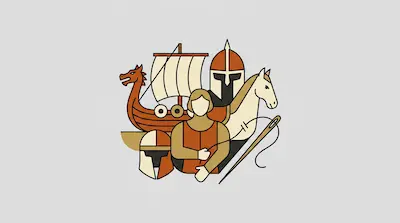 Flat illustration of a Viking longship, a knight in armor, and a horse in a minimalist style with earthy tones.