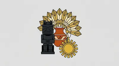 Flat illustration of a black stone idol, a clay pot, and a golden sun emblem against a feathered headdress background