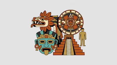 Flat illustration of Aztec symbols including a feathered serpent, a stone calendar, a pyramid, and a human figure.