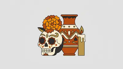Flat illustration of a decorated sugar skull, an orange marigold flower, and a patterned clay vase on a gray background