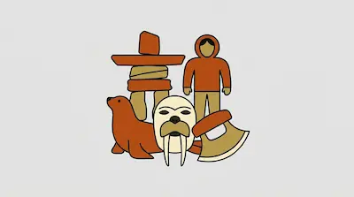 Flat illustration of an Inukshuk, a person in a parka, a walrus, and a seal in orange and tan tones on a gray background