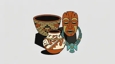 Flat illustration of a woven basket, a patterned clay pot, a wooden mask, and a turquoise bird necklace on a gray background
