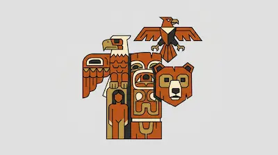 Flat illustration of a wooden totem pole featuring an eagle, a bear head, and a human figure on a gray background