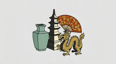 Flat illustration of a golden dragon, a tiered pagoda, a teal vase, and an orange fan on a light grey background