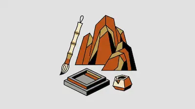 Flat illustration of a calligraphy brush, an inkstone, and geometric orange mountains on a light gray background