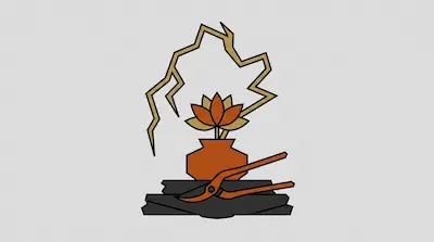 Flat illustration of a lotus flower in a vase with garden shears and a jagged branch on a gray background