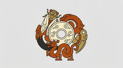 Flat illustration of a cicada, a dragon, and a circular jade disc arranged in a ring on a light gray background