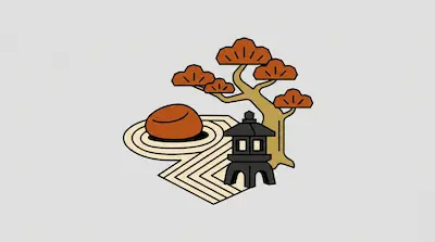 Flat illustration of a Japanese zen garden featuring a stone lantern, a pine tree, and a raked sand bed with a rock