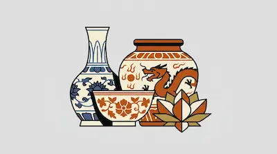 Flat illustration of a blue floral vase, an orange dragon jar, and a patterned bowl with a lotus flower