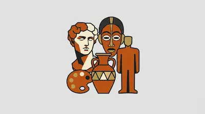 Flat illustration of a classical bust, an African mask, a Greek vase, and an artist palette on a grey background