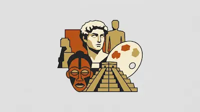 Flat illustration of a classical bust, an African mask, a stepped pyramid, and a paint palette on a gray background