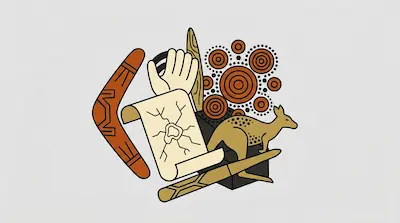 Flat illustration of Australian symbols including a boomerang, a kangaroo, and dot art patterns on a grey background