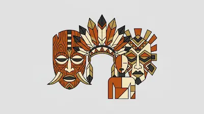 Flat illustration of two tribal masks, a feathered headdress, and a geometric human figure on a light gray background
